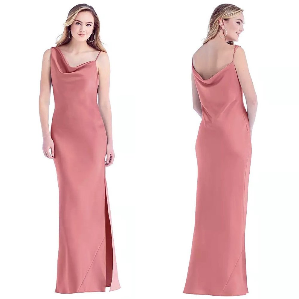 Social Bridesmaids Asymmetrical One-Shoulder Cowl Satin Maxi Slip Dress NWT - Picture 1 of 3